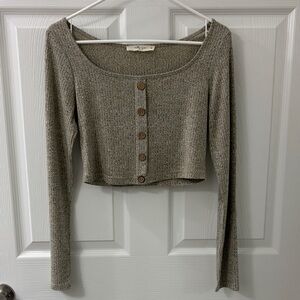 Taupe colored Button-Up Ribbed Crop Top